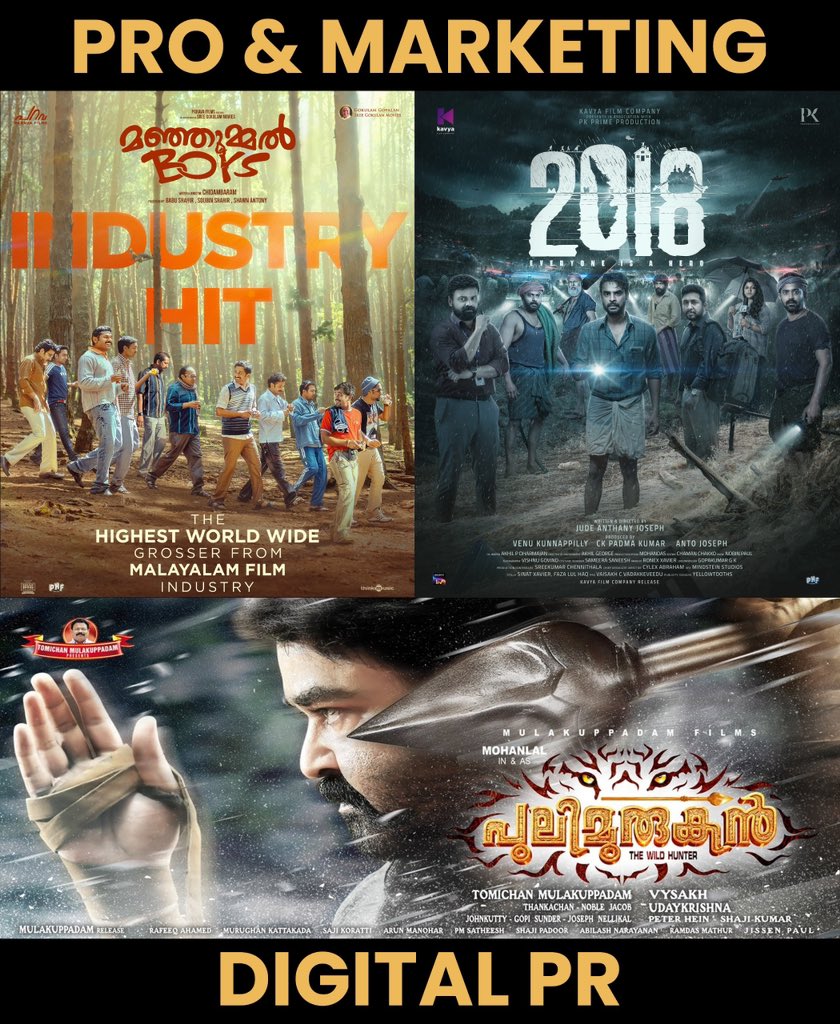Overwhelmed with pride to have played integral roles in shaping the success stories of Mollywood's top 3 biggest hits ! As the PRO & Marketing Head for #ManjummelBoys & #2018EveryoneIsAHero and as Digital PR for #Pulimurugan, each experience has been a milestone in my career 😇❤️