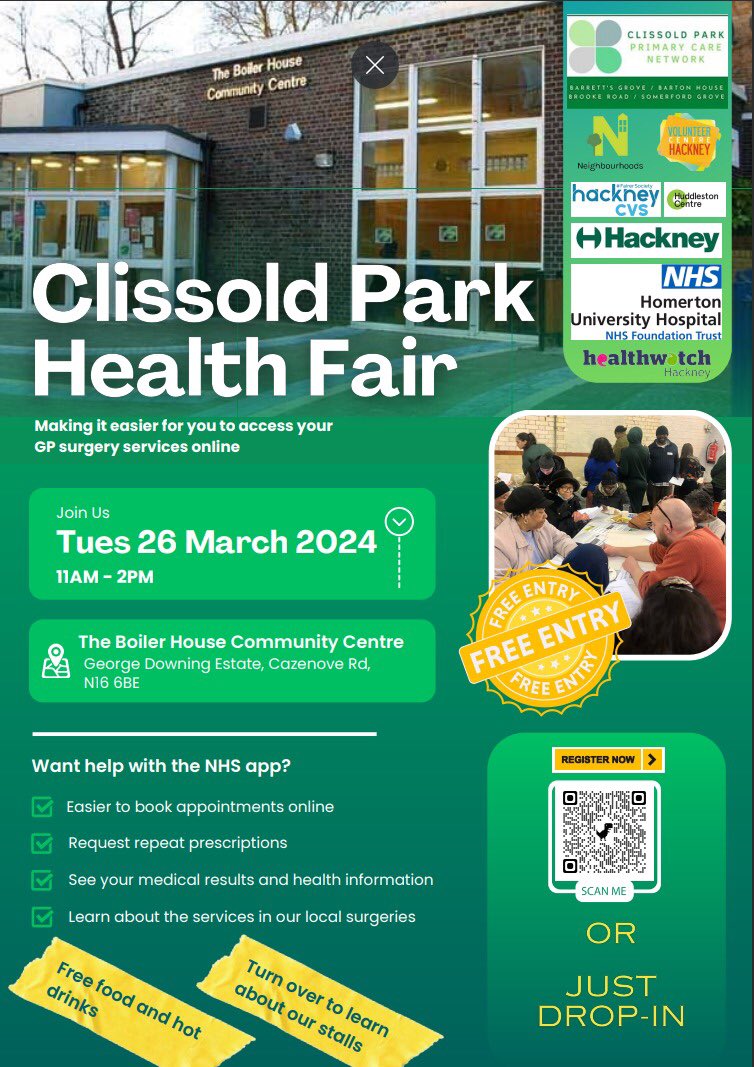 Join the #ClissoldPark PCN Health Fair on Tues 26 March 11am-2pm @n16boilerhouse to get support with the #NHSapp, learn about services available and meet others living or working in the area. Please share! #Neighbourhoods #healthandwellbeing #digitalinclusion