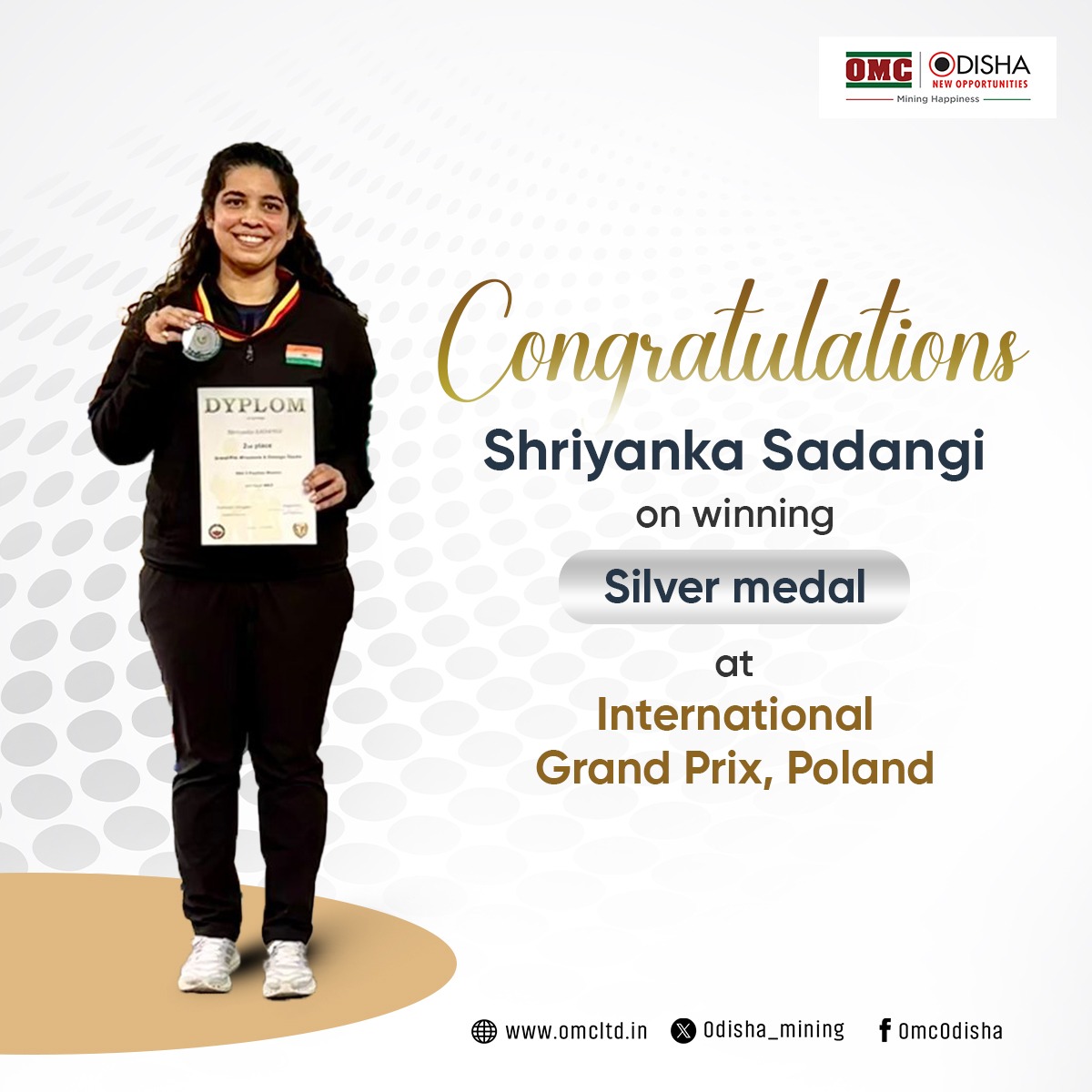 Proud Moment🥳

OMC congratulates shooter &amp; #OMCian <a href="/Shriyanka_India/">Shriyanka Sadangi</a> 🇮🇳 on winning silver medal 🏅 in women's 50m Air Rifle 3Position event at International Grand Prix, Poland.

Your performance at International level is commendable. We are proud of you.  #MiningHappiness