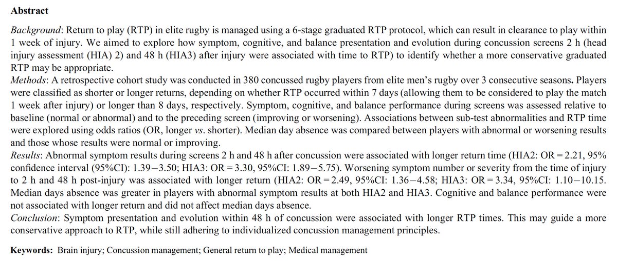 🚨New Study🚨 Symptom presentation and evolution, not cognitive or balance performance are associated with RTP from concussion in Rugby Union Well done to @Scienceofsport for leading this. Full text: sciencedirect.com/science/articl…