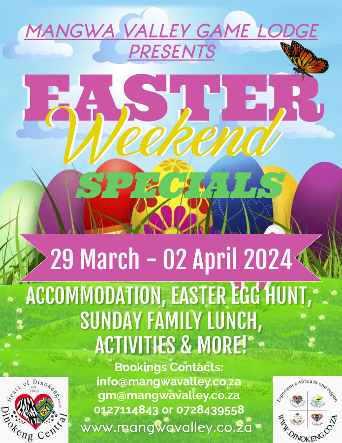 Mangwa Valley Game (@gmmangwa) on Twitter photo Happy Friday to all,
Have you booked accommodation for Easter Holidays yet? We still have Chalets and Rooms at Mangwa Valley Game Lodge.
info@mangwavalley.co.za
0127114348
0728439558 Happy Friday to all,
Have you booked accommodation for Easter Holidays yet? We still have Chalets and Rooms at Mangwa Valley Game Lodge.
info@mangwavalley.co.za
0127114348
0728439558