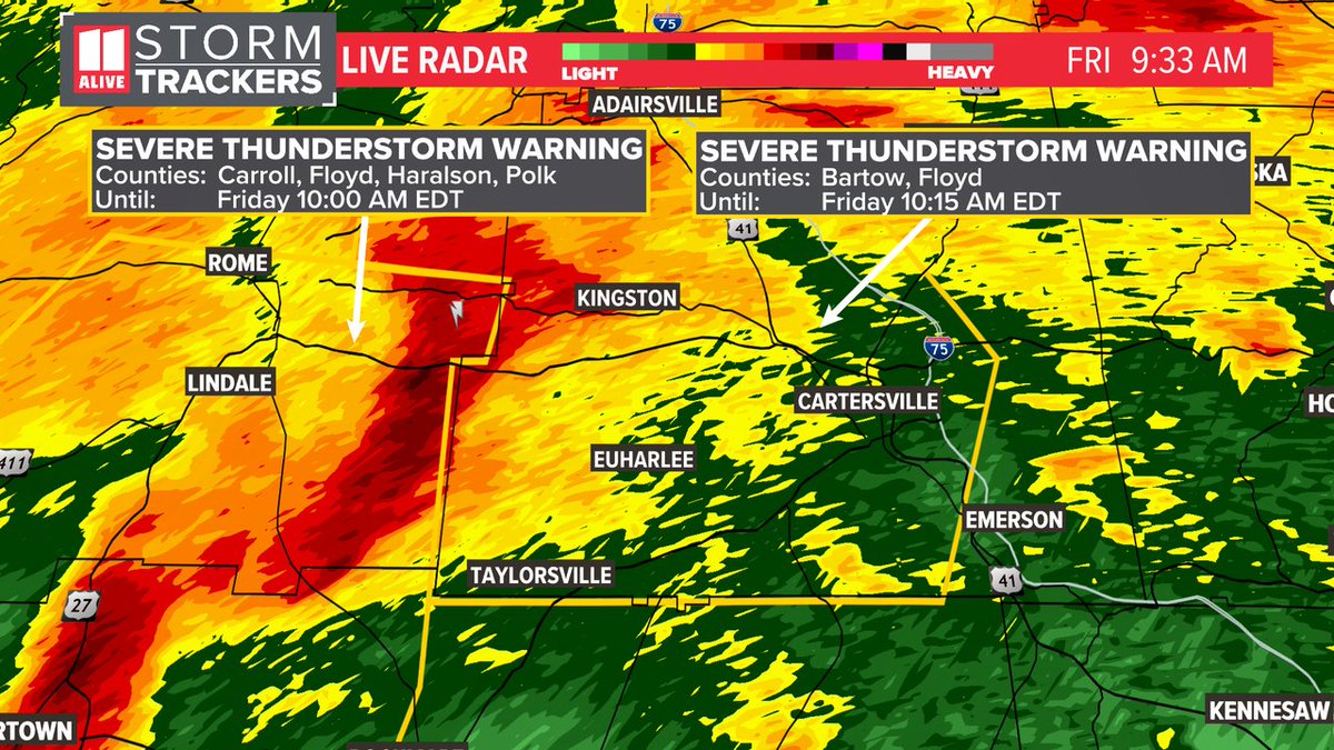 A Severe Thunderstorm Warning has been issued for Bartow, Floyd until 3/15 10:15AM. Track storms now: 11alive.com/radar #storm11 #gawx