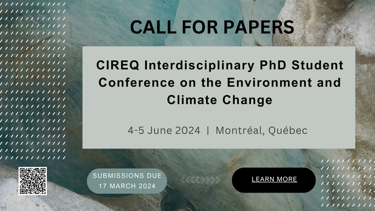 Time is running out! Don't miss your chance to submit your proposal for the "4th CIREQ Interdisciplinary PhD Student Conference on the Environment and Climate Change".

Learn more here: cireqmontreal.com/en/?p=85349