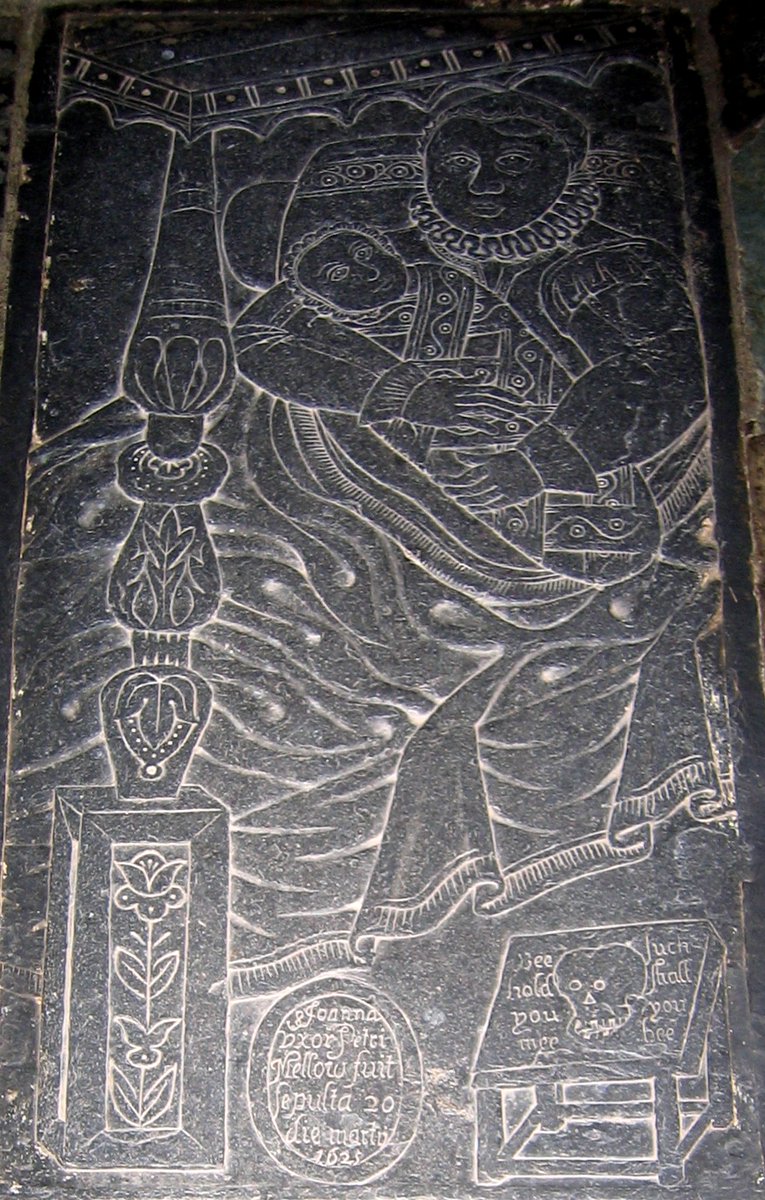 Talland #Cornwall
Slate slab to Joanne Mellow d. 1625 in childbirth with her baby. Skilled carving shows mother and baby sitting in four-poster bed. Touching and beautiful.
'Bee hold you mee Such shall you bee'
#MementoMoriMonday #FavouriteCarvings