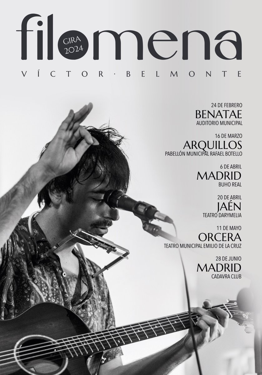 🔴Gira "Filomena 2024"🔴

Estas son las 6 únicas fechas previstas para compartir con ustedes el nuevo álbum y mi parte de mi cancionero habitual.

Nos vemos éste sábado a las 20:00 en Pabellón municipal Rafael Botello de Arquillos(entrada libre).

Os veo.
Víctor
