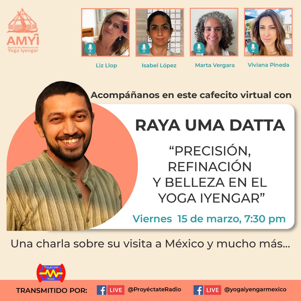 ¡Acompáñanos en este ☕️🖥️cafecito virtual con RAYA UMA DATTA 🧘🏽‍♂️! 
Conversaremos sobre su visita a México y mucho más...
📅 Viernes 15 de marzo
🕐 7:30 pm
🪷 “Precisión, refinación y belleza en el Yoga Iyengar”
📡Transmitiremos por el facebook live de la AMYI.#yogaiyengarmexico