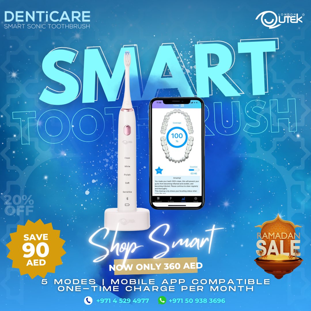 RAMADAN SALE! Revitalize your holy month smile with DENTiCARE Smart Sonic Toothbrush Shop smart. Shop DENTiCARE. NOW ONLY 360 AED (was 450 aed) Call 04 529 4977 or Send us WhatsApp +971 50 938 3696 for any inquiry #ExperienceQutek #Ramadan #EidMubarak #Ramadan2024 #Health