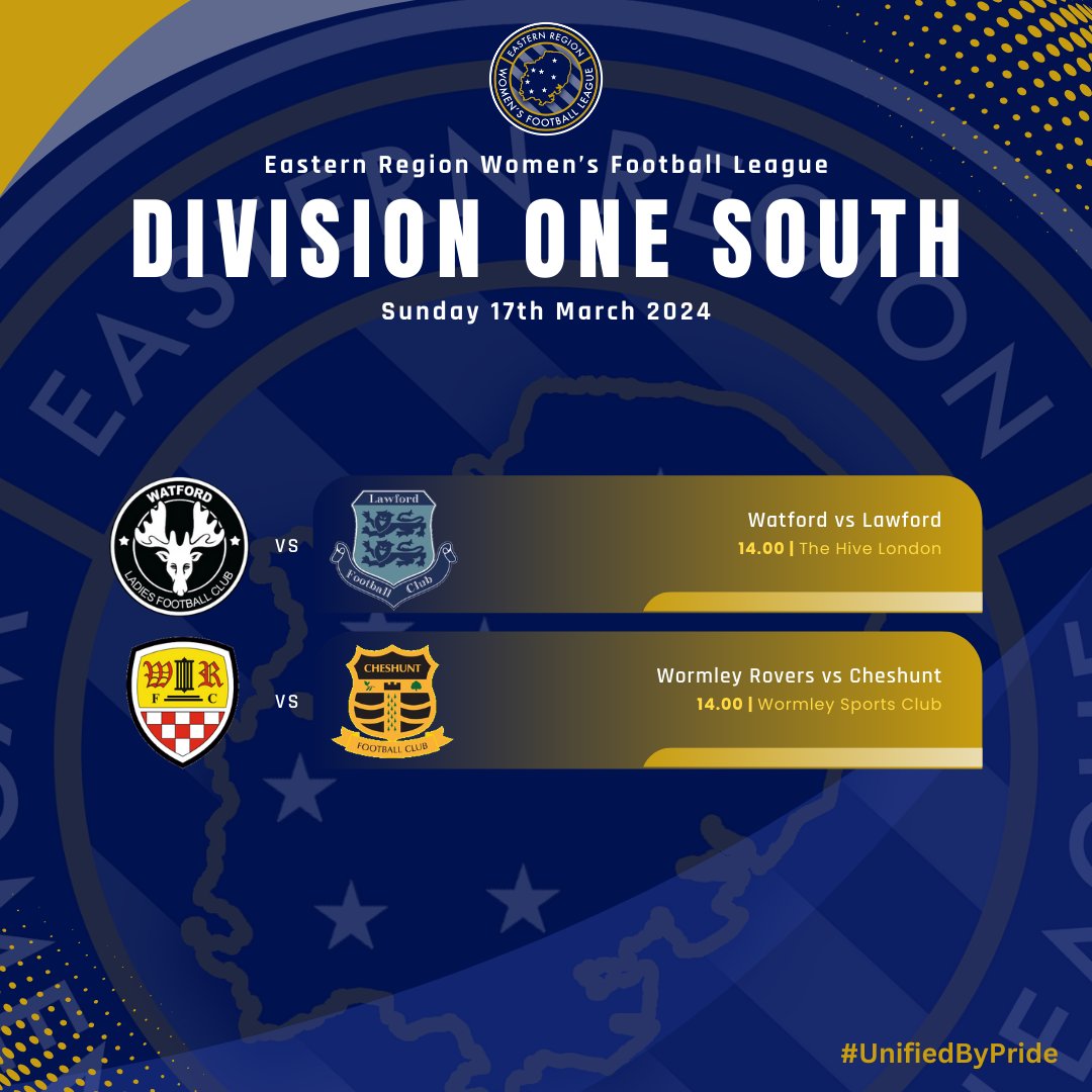 𝗙𝗜𝗫𝗧𝗨𝗥𝗘𝗦 | Division One South Can the leaders, @Watford_Dev, get back to winning ways as they welcome @fc_lawford whilst @Cheshuntfcwomen make the trip to face @WormleyGirlsFC #UnifiedByPride