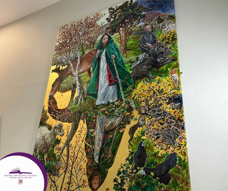 kildarelibrary's tweet photo. ‘Brigid and Conleth at Dawn’ by artist Lia Laimbock, sponsored by @KildareCoCo @brigid1500 programme,
to celebrate the life and legacy of St.Brigid.
Unveiled in Leinster House for St. Brigid’s Day, this spectacular painting is now on display in #NaasLib and Cultural Centre. https://t.co/eLzs07oA2y