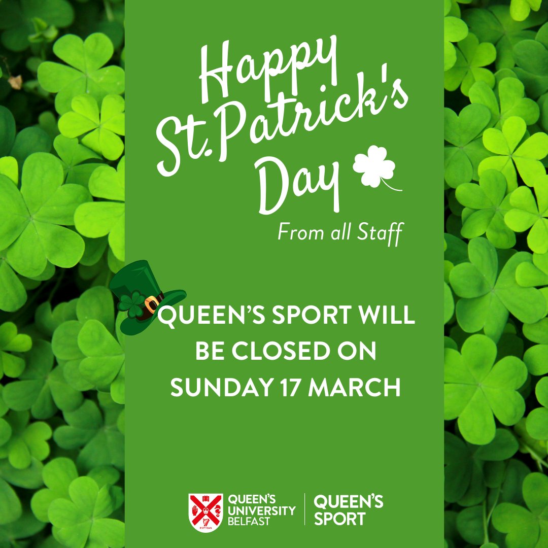 ☘️Queen's Sport will be closed on Sunday, 17 March. We wish all our customers a Happy St. Patrick's Day. Normal operating hours will resume on Monday, 18 March. #StPatricksDay #QueensSport #HappyStPatricksDay #bankholidayweekend