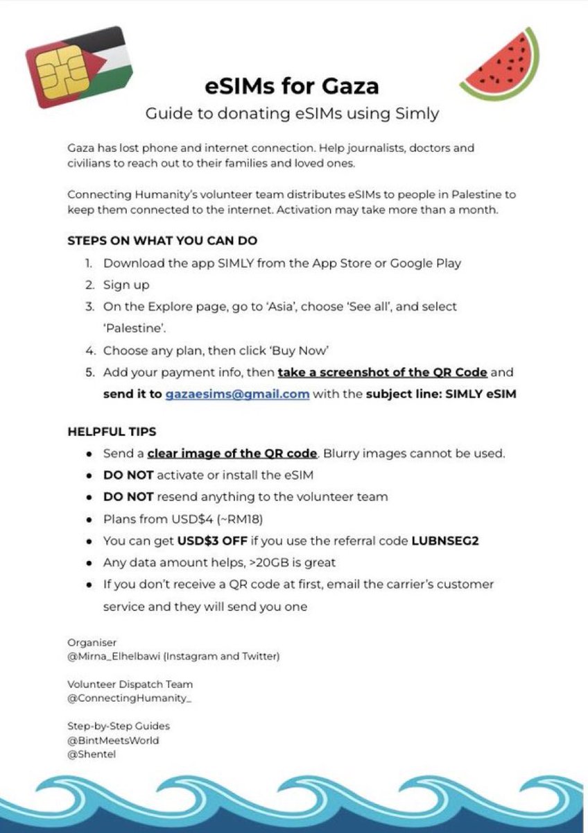 Halo teman-teman!

Mengingat bahwa adanya akses telekomunikasi yang terputus di Gaza. Para jurnalis kesulitan menyebarkan kondisi terkait pembantaian yang terjadi disana. 

Kita dapat membantu mereka dengan mendonasikan eSIMs : gazaesims.com

#ConnectingGaza