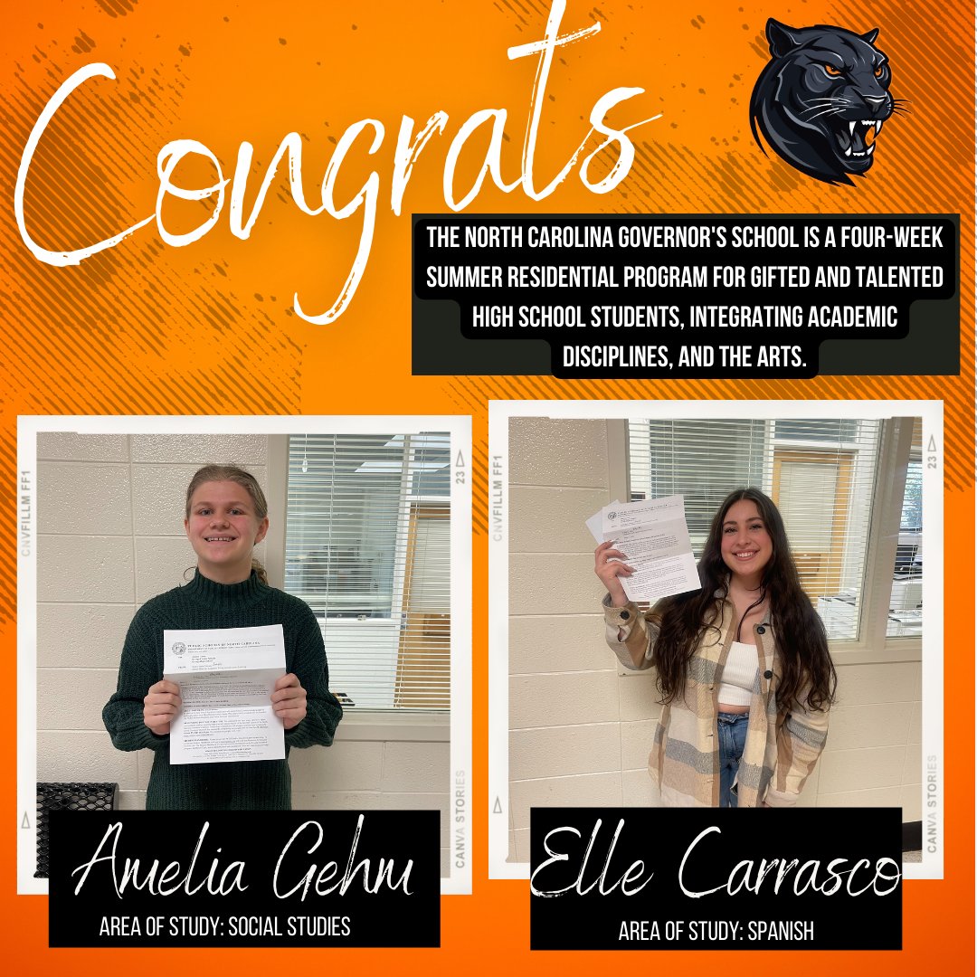 Congratulations to Amelia Gehm and Elle Carrasco for being accepted to the 2024 North Carolina Governor's School program at Governor's School East. <a href="/OrangeCoSchools/">OrangeCountySchools</a>