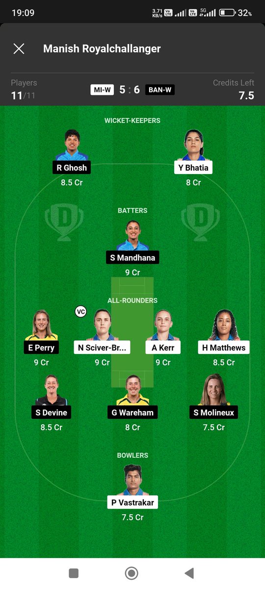 Cap vc : Perry, Sciver, Kerr , Devine Taking one different player (pooja ) due to comman team. Pooja vastrakar/ Shabnam ismail . Change According to u 👍👍👍 #WPL2024 #Dream11