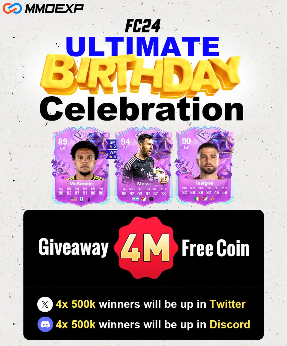 🚨4M Coin #FC24 Giveaway 🔥#UltimateBirthday Celebration ✅Follow me & Retweet & Like for a chance to win. 💥2M Giveaway in Twitter 💥The other 2M Giveaway in Discord server⬇️ discord.com/invite/wTF6TGF… Reliable & Cheap coin👉mmoexp.com #mmoexp #EAFC24 #EAFC