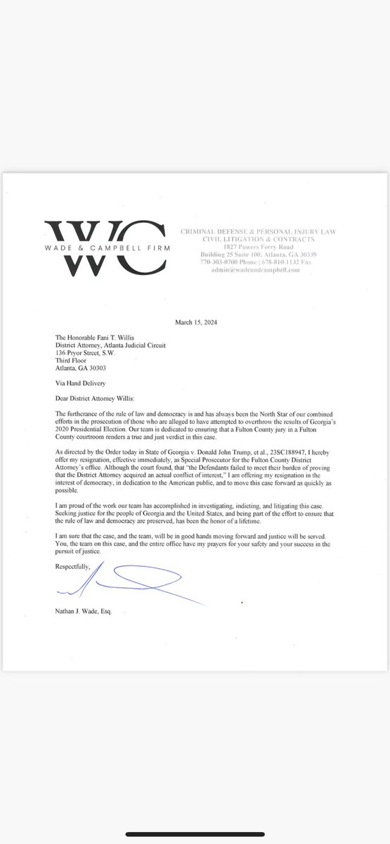 BREAKING- Nathan Wade submits resignation, effective immediately. The DA will remain. Letter submitted to DA attached—