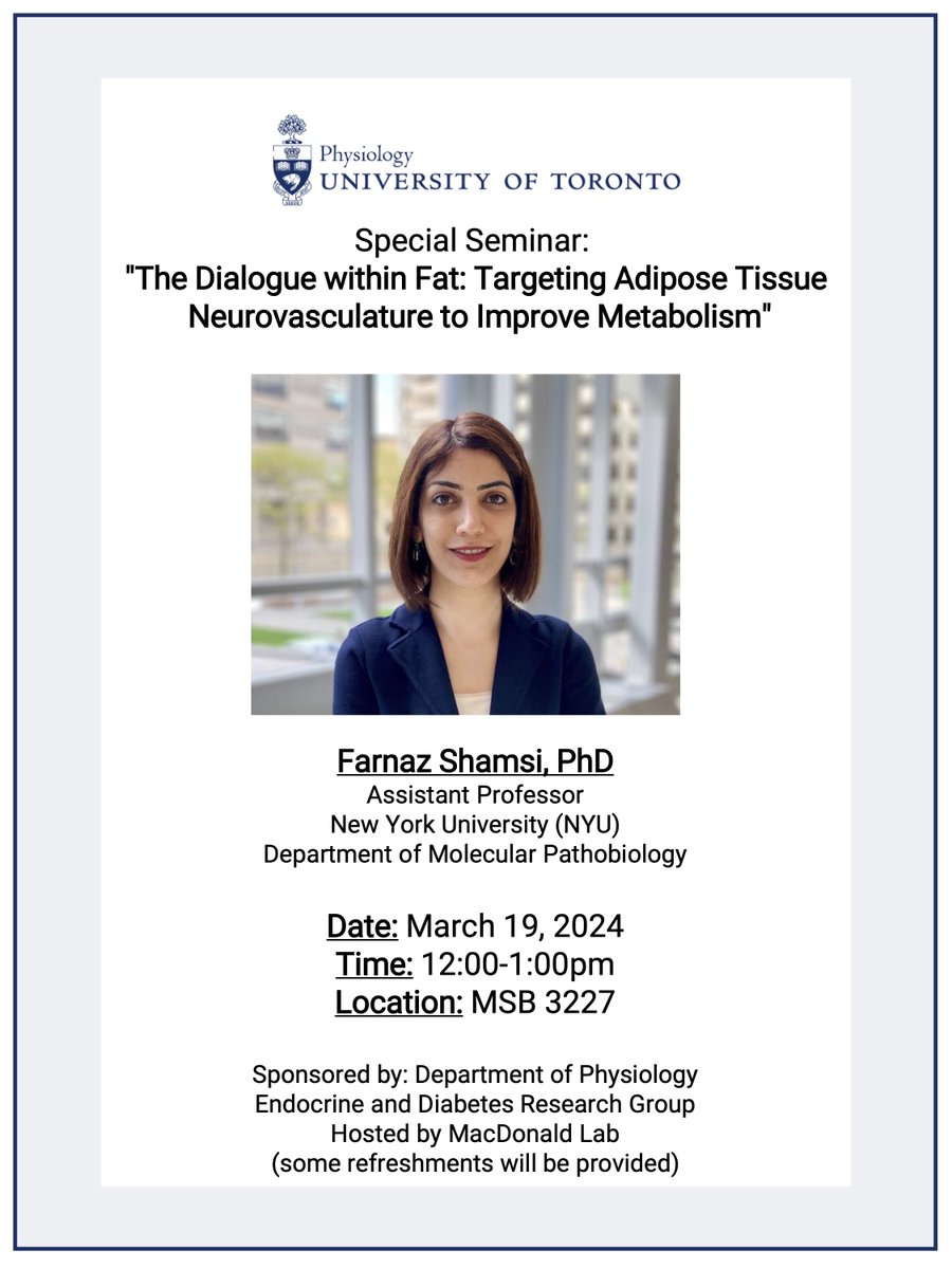 Our colleagues at <a href="/physiologyuoft/">U of T Physiology</a> are hosting Dr. <a href="/FarnazShamsi/">Farnaz Shamsi</a> from New York University for a seminar on Tuesday, March 19 at 12 p.m. In person only.