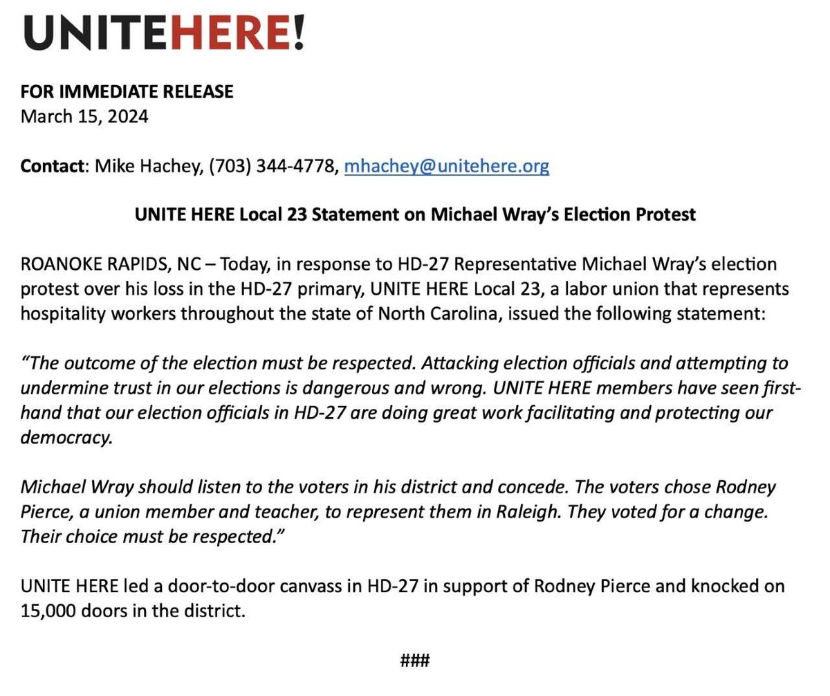 Michael Wray should listen to the voters in his district and concede. The voters chose Rodney Pierce, a union member and teacher, to represent them in Raleigh. They voted for a change. Their choice must be respected. #ncpol