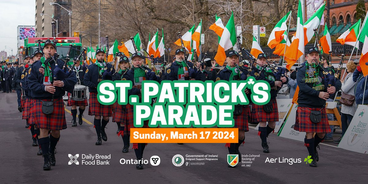 The St. Patrick's Parade returns to downtown Toronto on Sunday, March 17th, 12pm at Blood and St. George. stpatrickstoronto.com The Toronto Professional Firefighters Association will be collecting cash and canned goods on the Parade route in support of the @DailyBreadTO