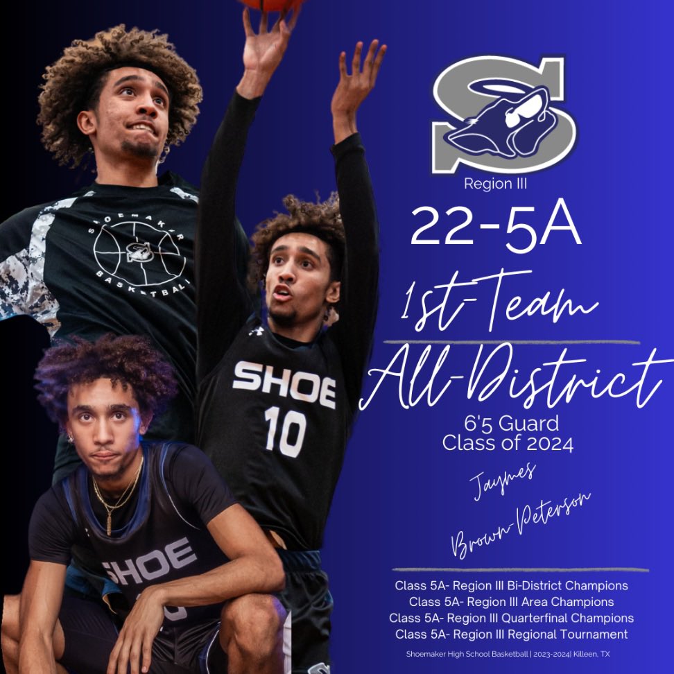 Congratulations Jaymes Brown-Peterson for being selected to the  22-5A -1st Team- All District Team. A remarkable achievement. 

We at Shoemaker HS  &amp; KISD community are proud of you and your accomplishments. 

<a href="/SHOETXBB/">Killeen Shoemaker Boys Basketball</a> @KilleenISD