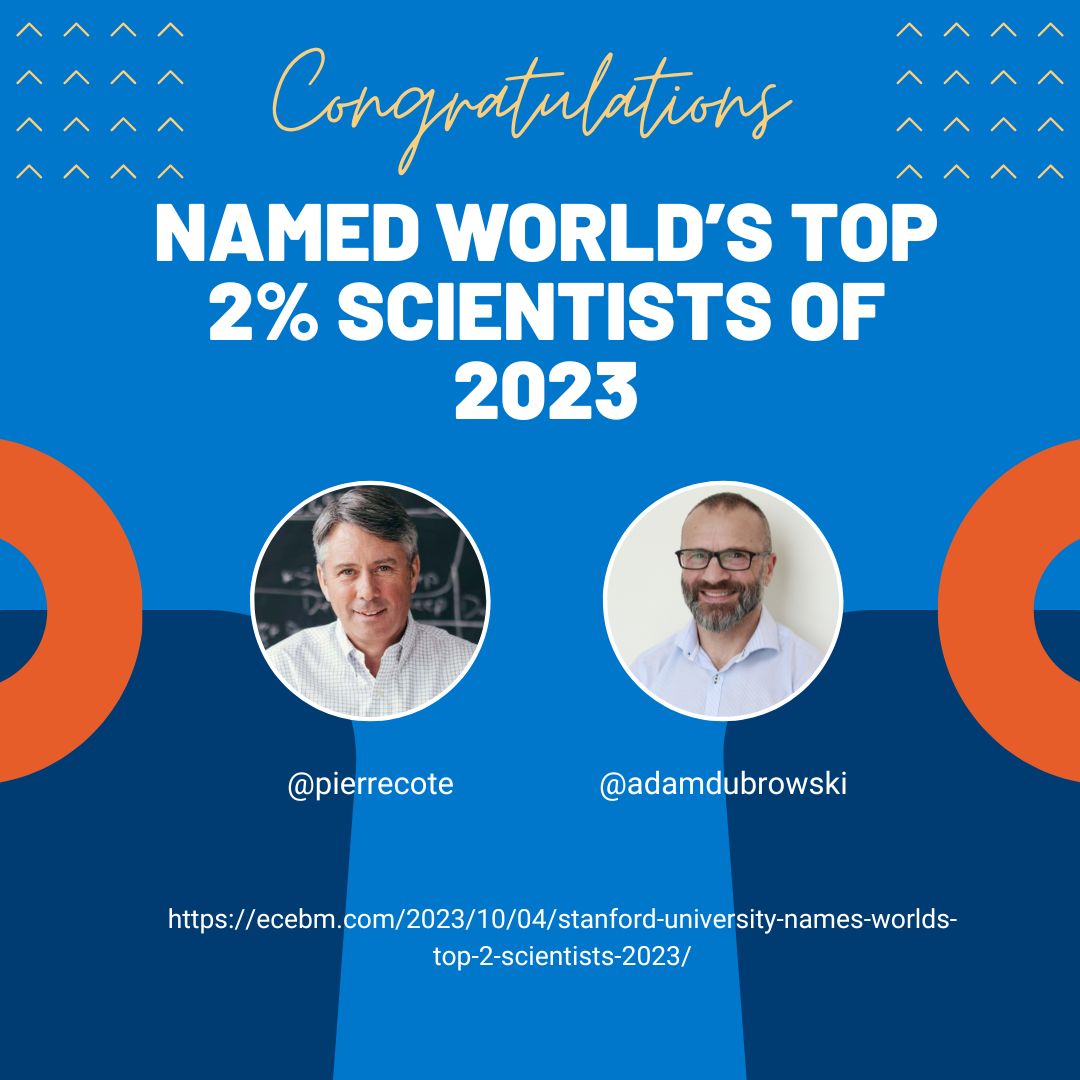 Congratulations to two of our Faculty of Health Sciences Professors, @pierrecoteuoit and @adam_dubrowski! You were named by Stanford University on the World's Top 2% Scientists List for 2023. Awesome achievement! For more information, see this link: ecebm.com/2023/10/04/sta…