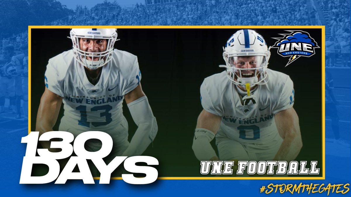 With Spring Ball now behind us, All-Conference WR A.J. DeFilio (@aj_defiliojr) & All-Conference Offensive Weapon Shane LaPorte (@LaPorteShane) know that @UNEfootball's 2⃣0⃣2⃣4⃣ Season gets underway in just 1⃣3⃣0⃣ Days! 🌩️🏈 #STG