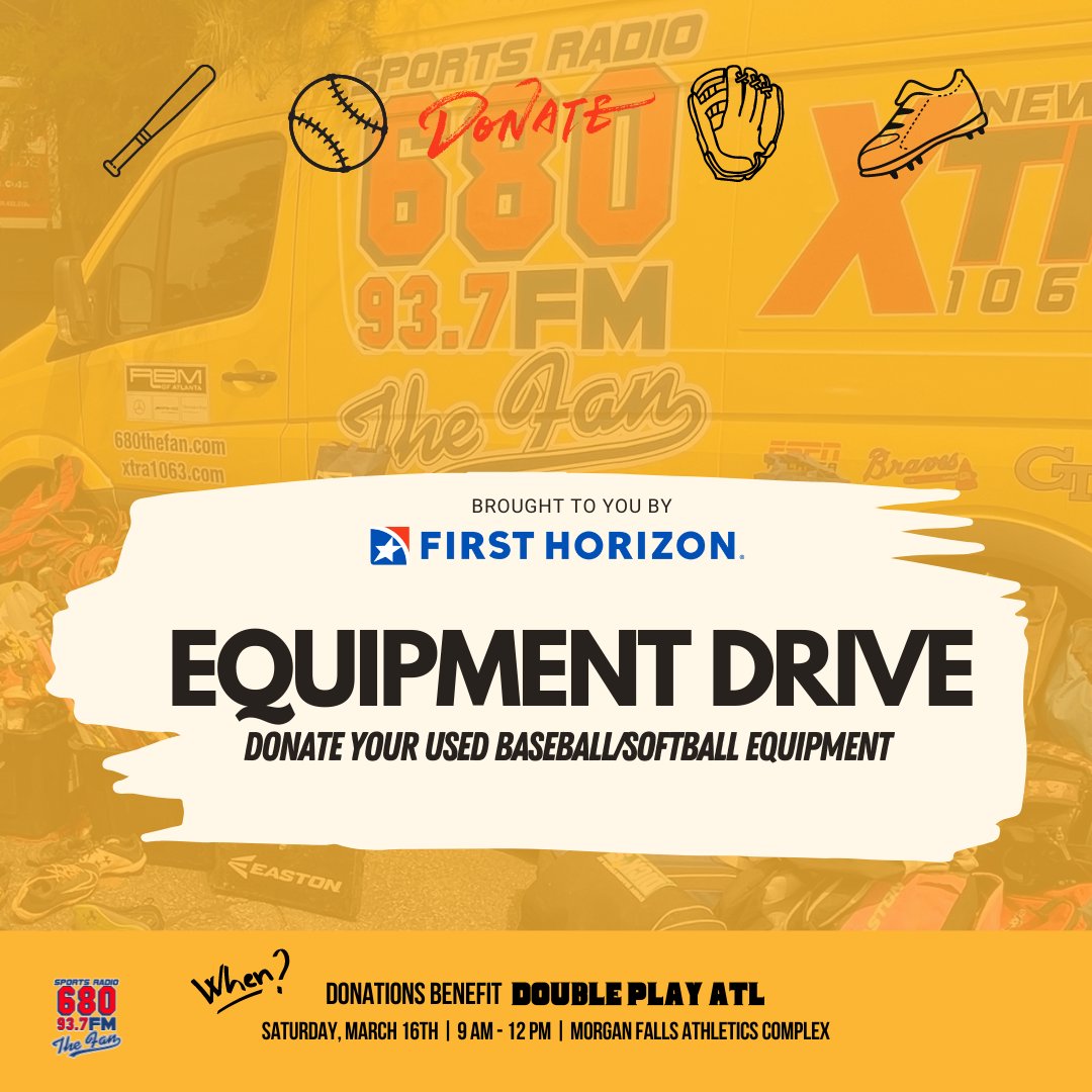Do you have used baseball/softball equipment laying around your house?⚾️🥎 We are partnering with @FirstHorizonBnk to put on our 2nd Annual Equipment Drive benefitting @DoublePlayATL! DROP #1/8: Tomorrow, March 16th at Morgan Falls Athletics Complex!