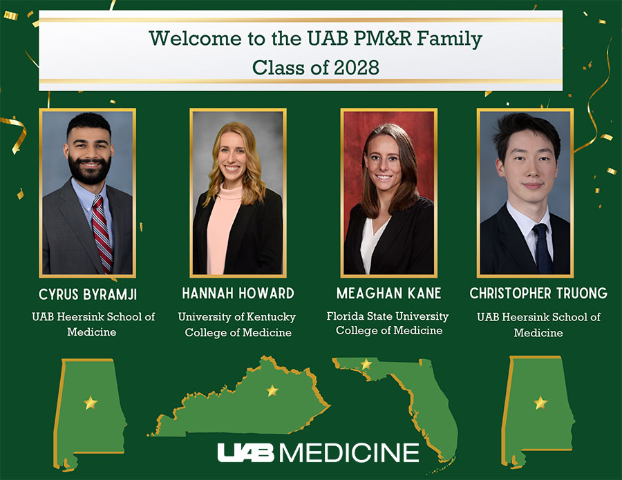A BIG WELCOME to our new PGY-1 residents joining the <a href="/UABrehab/">UAB Dept. of Physical Medicine & Rehabilitation</a> family! We are excited for you to start a new chapter with us!🤩#UABMatchDay2024 #Physiatry  <a href="/UABHeersink/">UAB Heersink School of Medicine</a> <a href="/uabmedicine/">UAB Medicine</a> <a href="/DaleColoradoPMR/">Dale Colorado</a>