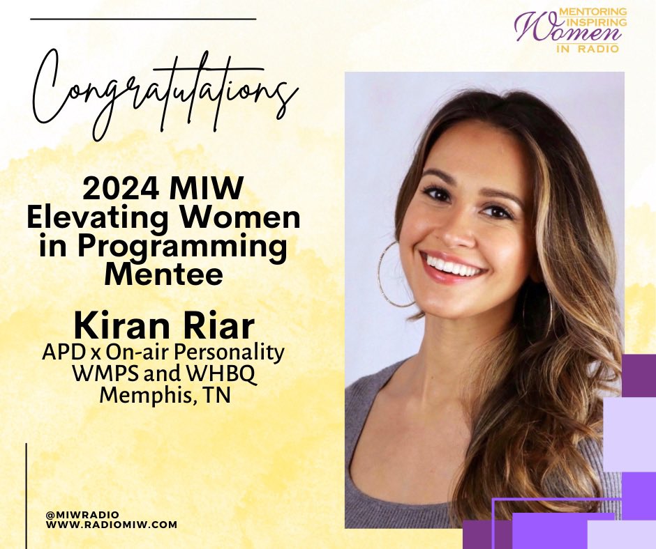 On Fridays we celebrate! 🎉 Mentoring and Inspiring Women in Radio are excited to annouce Kiran Riar as the 2024 Elevating Women in Programming Mentee! Kiran Riar is an APD and on-air personality working with the legendary WMPS and WHBQ in Memphis, TN. Congratulations!