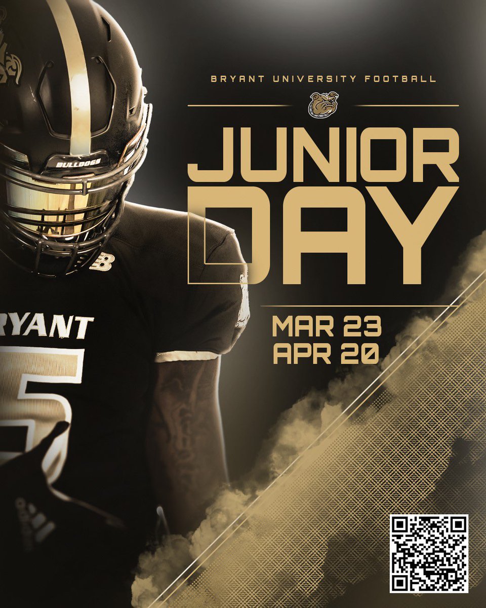 1️⃣ March 23, 2024 2️⃣ April 20, 2024 Bryant University Football: Junior Days ⭐️Nationally Ranked Academics⭐️ 🏈Division I Football🏈 ✍️Register using the QR Code 👍Walk ups are welcome @BryantUFootball @BryantUFBRec #ExpectToWin