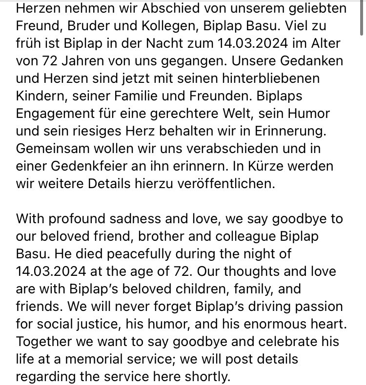 In tiefer Trauer und mit schwerem Herzen nehmen wir Abschied von unserem geliebten Freund, Bruder und Kollegen, Biplap Basu.