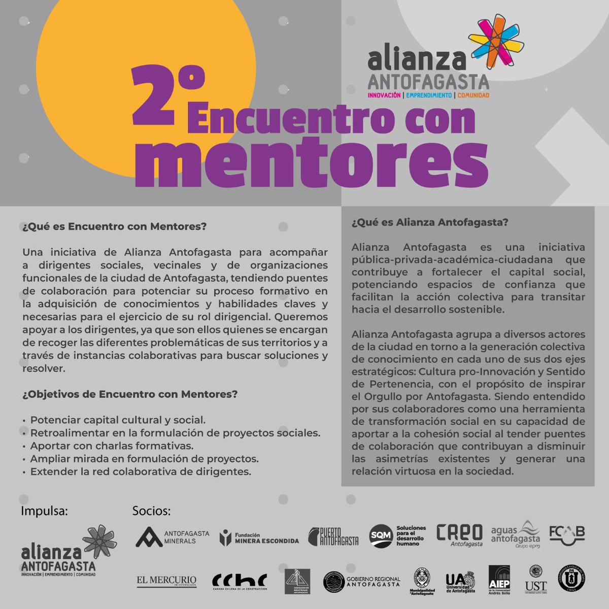 Asiste al 2º Encuentro con Mentores, iniciativa de Alianza Antofagasta para dirigentes sociales y organizaciones funcionales para potenciar el ejercicio de su rol dirigencial.

Cupos limitados, inscripciones en: forms.gle/2D3wk32n4WqcA7…