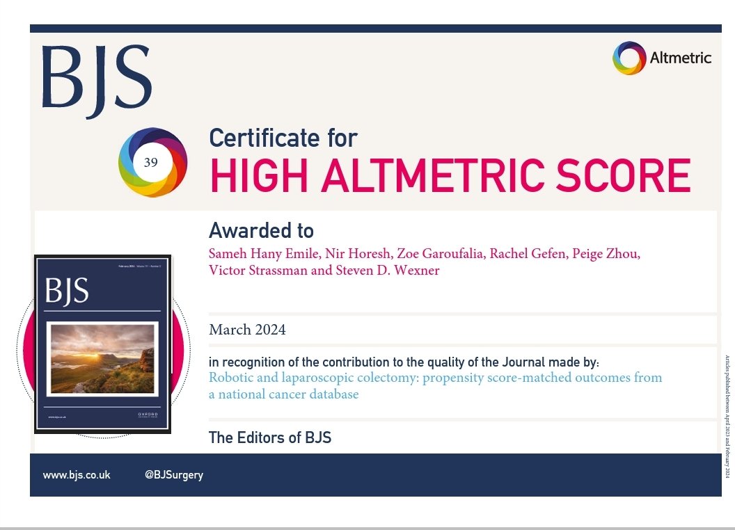 Sameh Emile, MD, FACS (@dr_samehhany81) on Twitter photo Pleased to see our <a href="/BJSurgery/">BJS</a> article attain a high altmetric score. #colorectalsurgery
<a href="/SWexner/">Steven D Wexner MD, PhD</a> <a href="/nirhoresh/">Nir Horesh</a> <a href="/ZGaroufalia/">ZoeGaroufalia</a> <a href="/RachellGefen/">Rachell.Gefen</a> <a href="/PZhou_MD/">Peige Zhou</a> <a href="/VictorSTRASSMA2/">Victor STRASSMANN</a>
pubmed.ncbi.nlm.nih.gov/37075480/ Pleased to see our <a href="/BJSurgery/">BJS</a> article attain a high altmetric score. #colorectalsurgery
<a href="/SWexner/">Steven D Wexner MD, PhD</a> <a href="/nirhoresh/">Nir Horesh</a> <a href="/ZGaroufalia/">ZoeGaroufalia</a> <a href="/RachellGefen/">Rachell.Gefen</a> <a href="/PZhou_MD/">Peige Zhou</a> <a href="/VictorSTRASSMA2/">Victor STRASSMANN</a>
pubmed.ncbi.nlm.nih.gov/37075480/