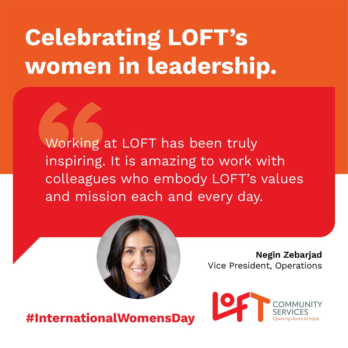 Meet Negin Zebarjad, the Vice President of Operations at LOFT. When asked about the highlight of working at LOFT, Negin shared, 'Working at LOFT has been truly inspiring. It is amazing to work with colleagues who embody LOFT's values and mission each and every day.' #IWD2024