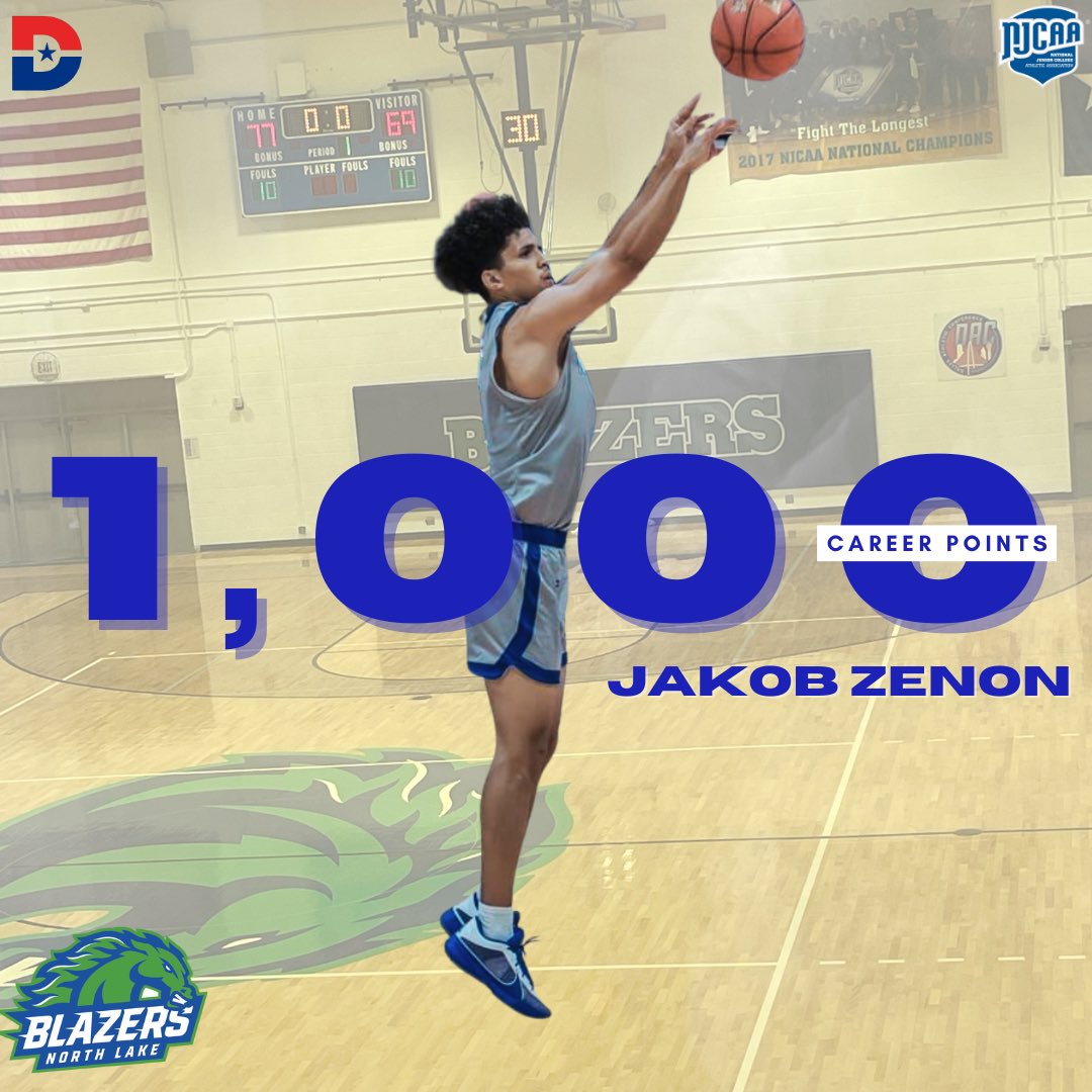 NorthLakeMBB's tweet photo. Zenon scores is 1,000 career point in the NJCAA DIII Quarterfinals against Sandhills C.C. and helps North Lake advance to the semifinals. 

#GoBlazers #northlake #dallascollege #njcaambb #njcaanetwork https://t.co/nLGEoDyrXX