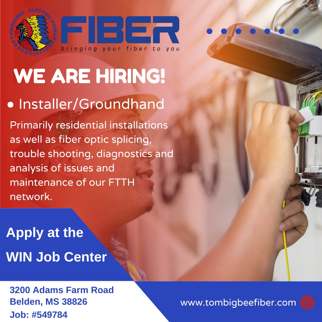 Tombigbee is hiring for the position of Installer/Groundhand. If you are interested in applying for this position, you must apply in person at the WIN Job Center by March 26, 2024. The job number for this position at WIN is 549784. wings.mdes.ms.gov/wings/welcome.…
