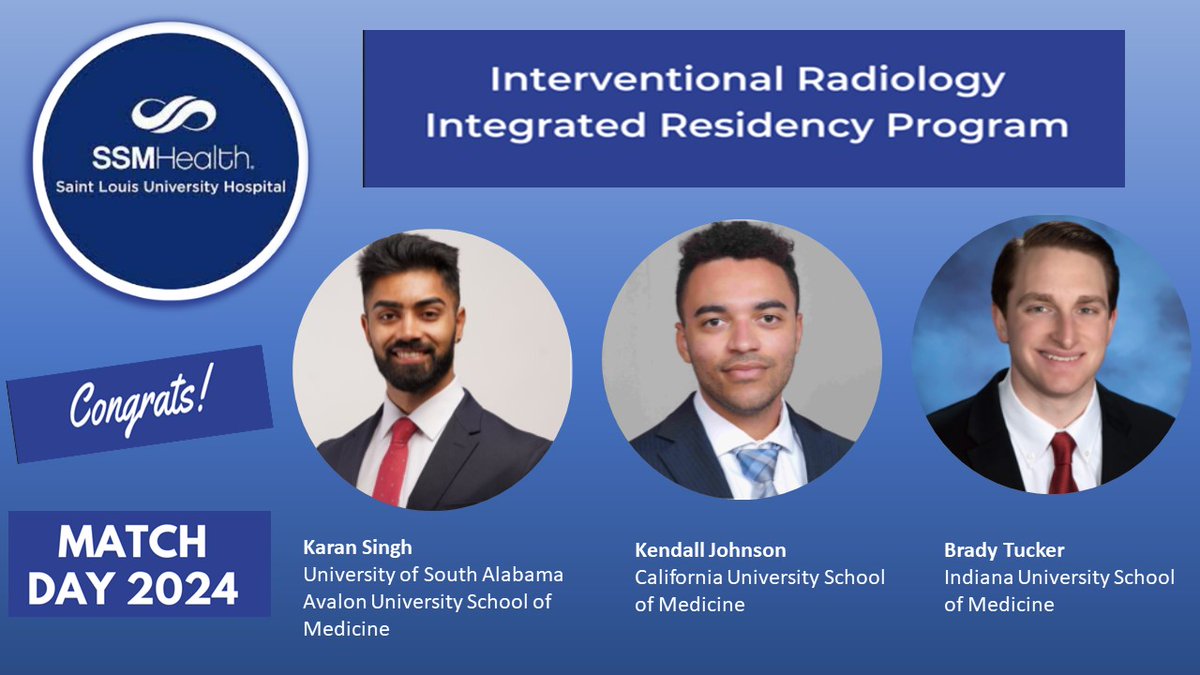 SLU Vascular Interventional Radiology (@slu_vir) on Twitter photo We would like to welcome our newly matched #IRadRes to our specialty and the <a href="/SLU_VIR/">SLU Vascular Interventional Radiology</a> family.
Look forward to exciting times ahead! 🎉🎈
#Match2024 #MatchDay #VIRad We would like to welcome our newly matched #IRadRes to our specialty and the <a href="/SLU_VIR/">SLU Vascular Interventional Radiology</a> family.
Look forward to exciting times ahead! 🎉🎈
#Match2024 #MatchDay #VIRad