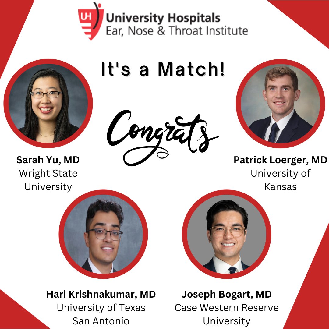 🎉 It's match day! 🎉 Congratulations to the newest members of our ENT team! We are thrilled to welcome you to Cleveland and UH. #IamOTO #MatchDay #ENTMatch #FutureENTSurgeons