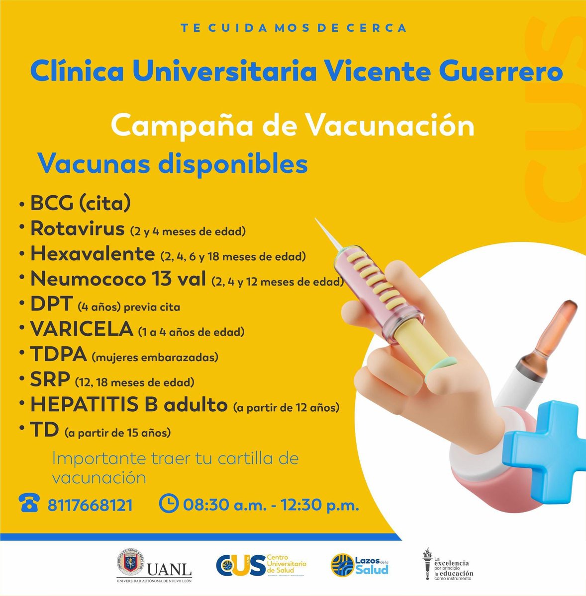 Es muy importante completar los esquemas de vacunación de tus hijos para proteger su salud. Acude a nuestra Clínica Universitaria Vicente Guerrero y presenta la cartilla de vacunación de tus hijos.
