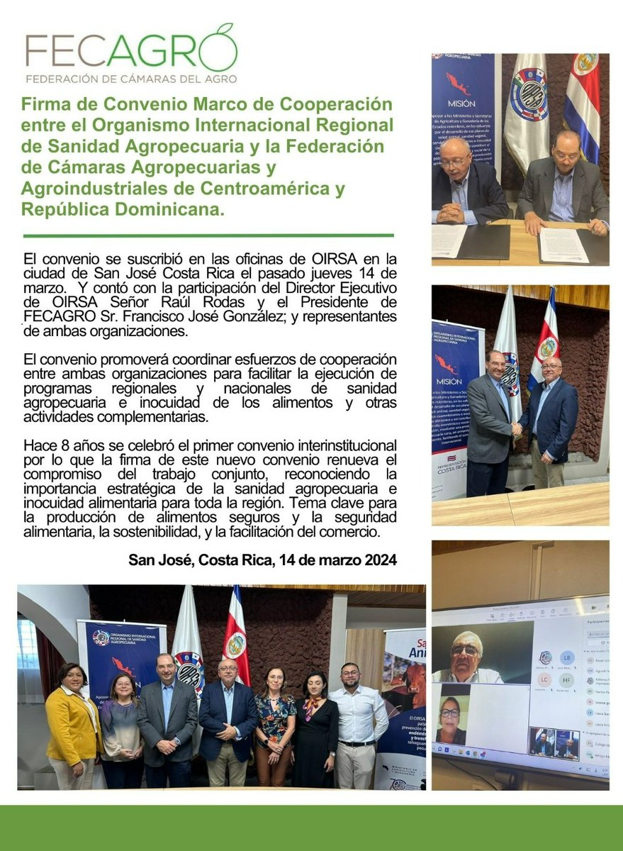 📢¡Aviso Importante! 📢 Firma de Convenio Marco de Cooperación entre el Organismo Internacional Regional de Sanidad Agropecuaria y la Federación de Cámaras Agropecuarias y Agroindustriales de Centroamérica y República Dominicana.