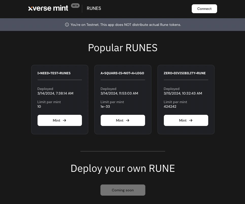 MINT RUNES ON TESTNET ▣🚀

Today Xverse is launching the first-ever Runes minting app on testnet!
wallet.xverse.app/runes

▣ Mint Runes in one click
▣ Track Your Runes balance on Xverse Wallet
▣ Send &amp; Receive Runes with Xverse Wallet
▣ Deploy your own Runes (soon )