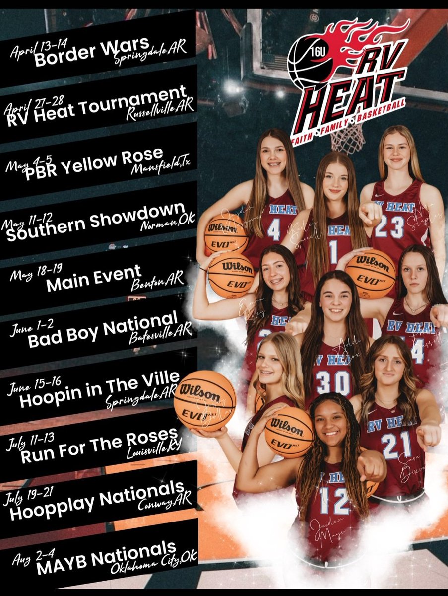 College coaches here is our RV Heat 16U Girls AAU Schedule. Solid group of talented young ladies. @MssuWbb @nbnbball @ARHoopScoop @k_sutherlandAR @GradyMajors @JaydinWaggoner4 @PGHArkansas @ASTSprts @UofOAthletics @SAUWBasketball @CrowderBsktball @SaraDixon26 @AYSABasketball