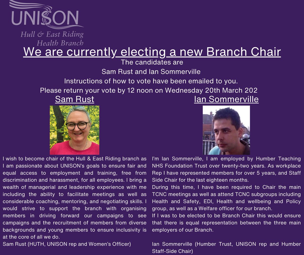 We are asking that all our @unisonHERHealth members vote for who’d they’d like to be our new branch chair. @unisonyh @unisontheunion Details are below: