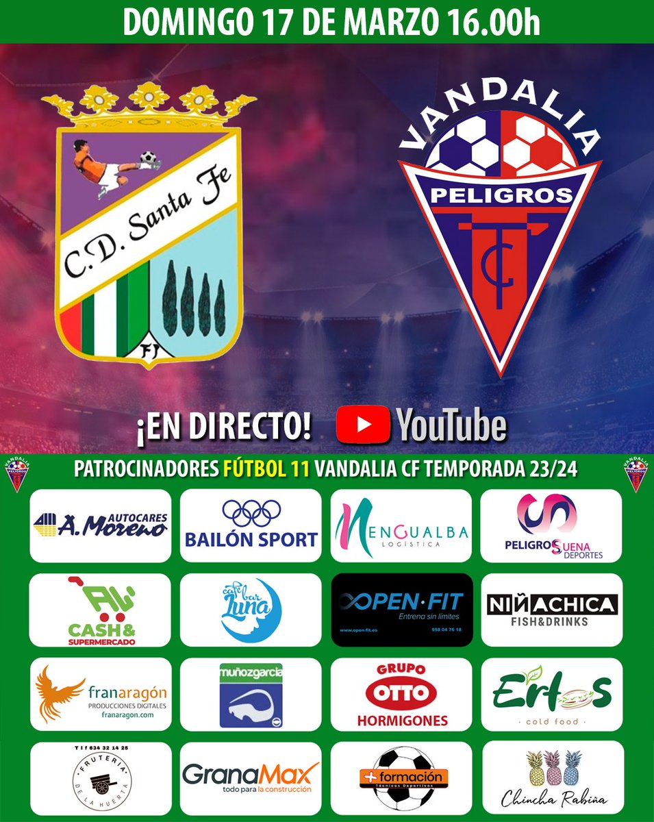 ¡Visitamos Santa Fe este domingo!
📆 16.00h
⚽ CD Santa Fe vs Vandalia CF
🥇 1ª Andaluza senior
🖥 En directo youtube.com/live/K5mohG2-P…
