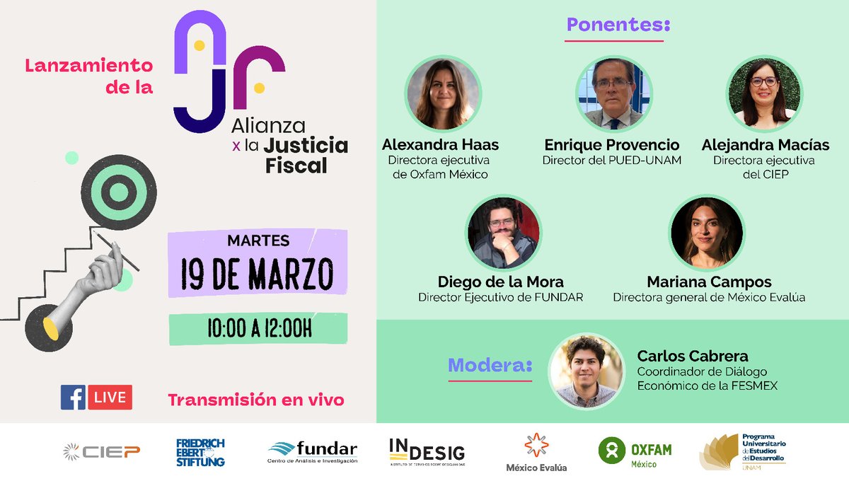 Acompáñanos en el lanzamiento de la Alianza por la Justicia Fiscal, una iniciativa para promover una reforma fiscal que garantice los derechos en México.

🗓️ 19 de marzo
🕙 10 horas
📲 Transmisión en vivo en el #Facebook de la 
<a href="/FESMEX/">Friedrich-Ebert-Stiftung en México</a>

#SinImpuestosNoHay derechos.
