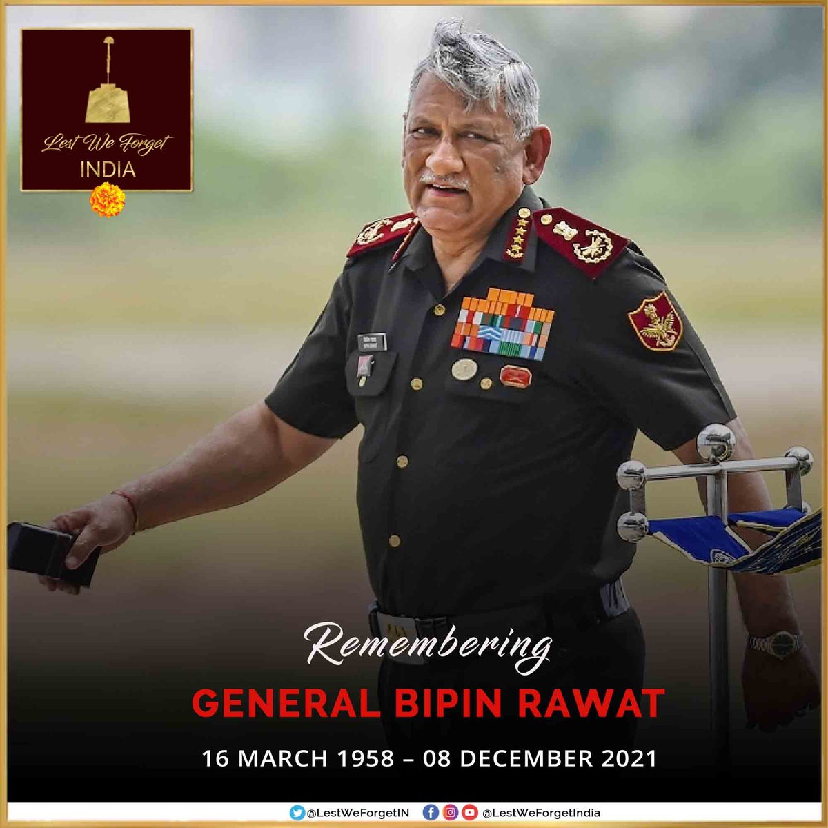 #LestWeForgetIndia🇮🇳 General Bipin Rawat, #PadmaVibhusan (P), PVSM, UYSM, AVSM, YSM, SM, VSM; First Chief of Defence Staff on his 66th birth anniv, born #OnThisDay 16 March 1958 The distinguished #IndianBrave General bid his last, in the line of duty on 08 Dec 2021 at Coonoor🏵️