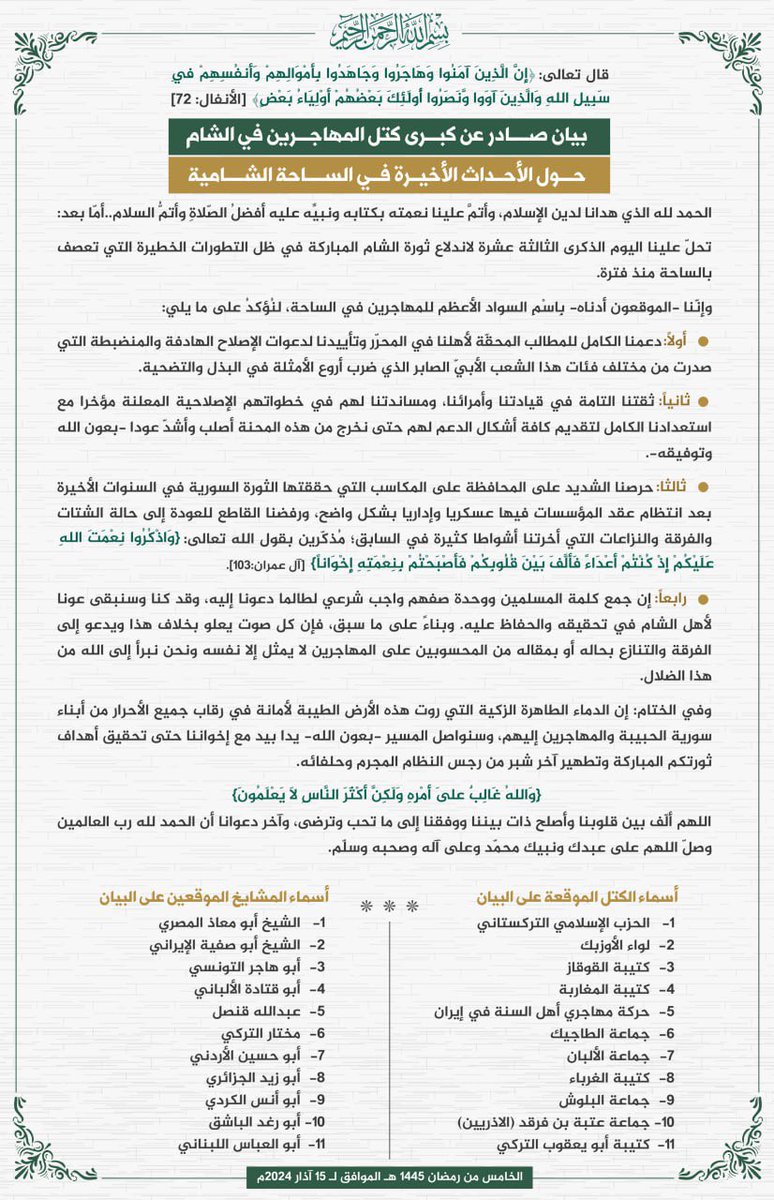 rh_albasha's tweet photo. احد عشر فصيلا من الفصائل المسلحة من غير السوريين شمال غرب سوريا يعلنون دعم الجولاني في مواجهة المظاهرات https://t.co/vTLninfJ2c