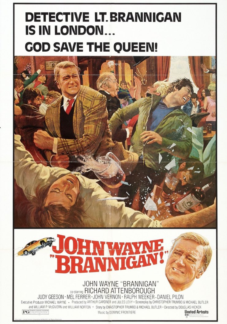 Brannigan (1975) starring John Wayne: Decent 70’s crime lark, part of the fish-out-of-water/cop-out-of-his-jurisdiction sub-genre that includes Coogan’sBluff, FrenchConnection ll, RedHeat, BlackRain, and the EddieMurphy one.🍿

When cultures clash, hilarity ensues!!🤪