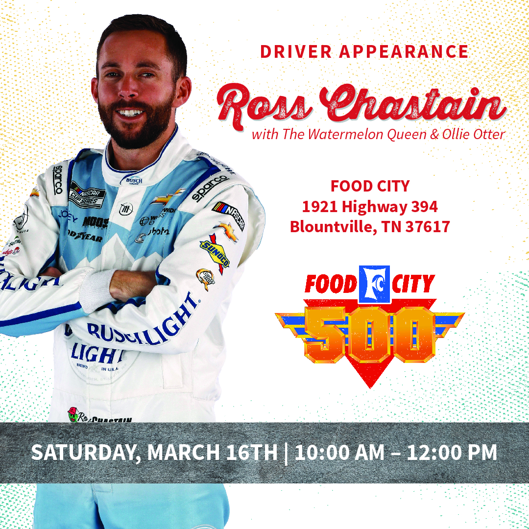 Tomorrow, join NASCAR star Ross Chastain on Saturday, March 16th at Food City in Blountville for a “Meet and Greet” event promoting safe driving. Wristbands will be distributed to the first 200 people in line. #NASCAR #FoodCity500 #DriverAppearance #RossChastain #FoodCity