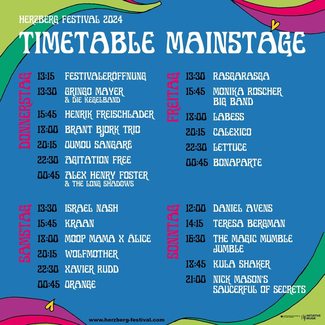 Timetable of the mainstage at Burg Herzberg Festival os out. Check Agitation Free on 25th of July 1030.p.m. #agitationfree #burgherzbergfestival #krautrock #experimantaltrock #psychedelicrock #videogeist #audiac #berlinschoolofelectrinicmusic #migmusic #onstagegroup