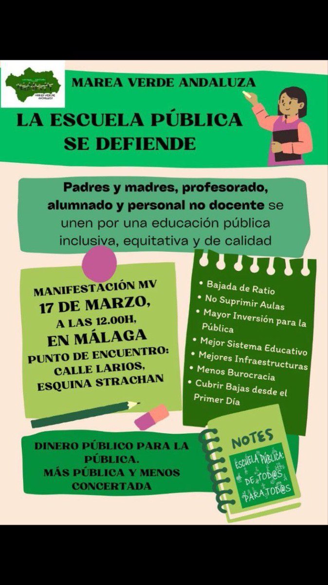 MálagaHAVESOS (@malagahavesos) on Twitter photo Cita el 17 a las 12h.
Convoca <a href="/MareaVerdeMLG/">Marea Verde MLG</a>
Entre las reivindicaciones:
🟢 Bajada de ratio
🟢 No suprimir aulas
🟢Mejores infraestructuras
🟢 Cubrir bajas desde el primer día
Más calidad en la pública y menos concertada Cita el 17 a las 12h.
Convoca <a href="/MareaVerdeMLG/">Marea Verde MLG</a>
Entre las reivindicaciones:
🟢 Bajada de ratio
🟢 No suprimir aulas
🟢Mejores infraestructuras
🟢 Cubrir bajas desde el primer día
Más calidad en la pública y menos concertada